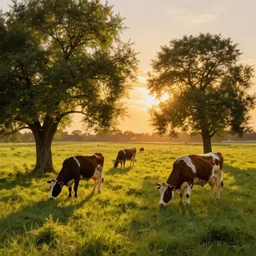 cow pasture with fruit trees in sunset, back light, highly detailed, cinematic lighting, volumetric, photorealistic, digital art painting
