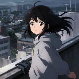 anime visual portrait of a young black haired girl wearing hoodie sightseeing above the urban city school rooftop cute face by yoh yoshinari katsura masakazu dramatic lighting dynamic pose dynamic perspective strong silhouette ilya kuvshinov anime cels moody detailed