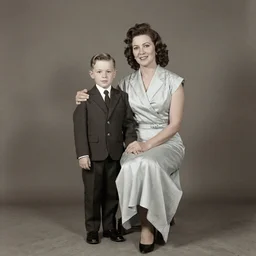 a vintage 1 9 7 0 s photograph of a mother and her son posing in fancy dress. this is a professional photograph taken in a photographer's studio.