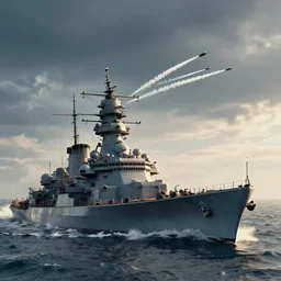 far away, epic, long shot, naval battle with battleships and torpedoes and bullet tracers flying, dramatic lighting, high definition, high detail, photorealisitc, 8k,