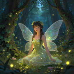 Suzu Hirose as fairy princess in a magical forest at dusk lit by fireflies, ivy vine leaf and flower top , digital art by Mandy Jurgens, Irina French, Heraldo Ortega, hyperdetailed, artstation, cgsociety