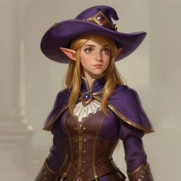 half - elf female student of a magical academy wearing a purple and brown apprentice uniform with a fancy hat, painted by greg rutkowski, detailed, featured in artstation
