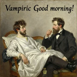 'Vampiric Good Morning!' in the style of Eugene de Blaas, Auguste Toulmouche, Edgard Maxence, oil on canvas, 1880s, French Academic painting