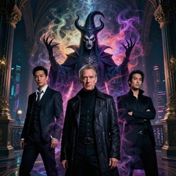 high fashion, beautiful portrait, mix of asian anthony hopkins, tom cuise, evil powerful wizard mage, intricate colorful cosmic smoke magic, baroque gothic victorian interior cyberpunk city vista, artstation, tyle of artgerm, andreas rocha, hiroshi nagai