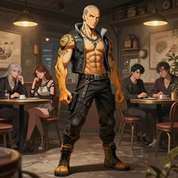 stylish muscular, attractive cyberpunk anthro liger with tattoo and bald head, detailed cafe background full body, fine detail, anime, realistic shaded lighting, directional lighting 2 d poster by ilya kuvshinov, magali villeneuve, artgerm, jeremy lipkin and michael garmash and rob rey