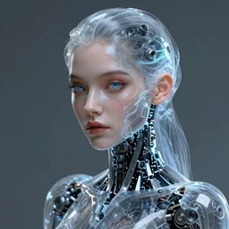 a robotic goddess with transparent skin, highly detailed, futuristic, laser lit, digital painting, smooth, sharp, beautiful face, expressive eyes, highly intricate, art by Boris Vallejo and H.R. Giger