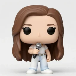 funko pop figurine of beautiful girl holding a microphone, long very straight brown hair and pale skin wearing white thirt and jeans