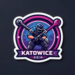 csgo team sticker, katowice 2 0 1 4 competition sticker, holo sticker, inspect in inventory image, highly detailed digital art, neon colors, highly saturated, designed by valve corporation, detailed letters, team logo in center of image, complicated design, team name displayed on sticker, fierce looking team logo, non - symmetrical team logo, background contrast, one main idea of logo, obscure shape, badge like design, digital illistration, 4 k hd, defined colors in logos,