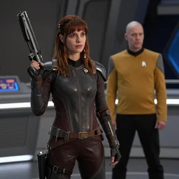 film still of Rachel Brosnahan as Femshep from Mass Effect holding a weapon in Star Trek (2009), 4k