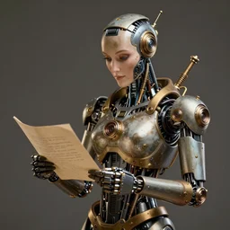a beautiful intricate fine art portrait photo of a   a mechanical industrial steampunk cybernetic robot reading a letter held in her hands, by tom bagshaw and zach sutton, perfection!, happiness, golden ratio composition,  studio lighting, 50mm lens, very detailed, bionic, cybernetic scifi, deep depth of field, artstation, 8K, highly coherent