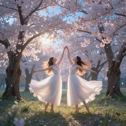 masterpiece ephemeral elven girls dancing in a field of cherry blossom trees, heavenly glow, soft focus, surreal photography, sunrise, blue sky, dramatic light, photo manipulation, hdr, digital painting, artstation, simon stalenhag