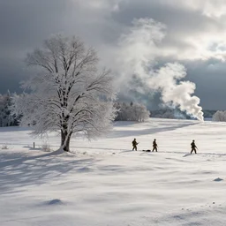 snowy fields, snowy trees, partisans with guns, billowing smoke in the distance