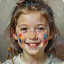 Close up of a happy young girls face splattered with paint, painted in the style of the old masters, painterly, thick heavy impasto, expressive impressionist style, painted with a palette knife