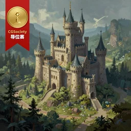 a painting of a castle in the middle of a forest, a detailed matte painting by ding guanpeng, cgsociety contest winner, fantasy art, matte painting, 2 d game art, concept art