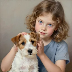 a seven year old girl with short wavy curly light brown hair and blue eyes petting the head of a very cute wire haired jack russell terrier puppy, white with brown patches over both eyes. detailed, high quality painting by artgerm and greg rutkowski and ilya kuvshinov
