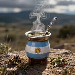 an argentinian cup of mate and a metallic staw, photorealistic, outdoors, hot steaming, medicinal herbs, intricate digital art