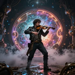 a extremely detailed masterpiece of a violin singer in a steampunk, psychedelic symmetric lights and smoke, opening a portal into another dimension, in the style of hieronymus bosch, glowing light and shadow, hyperrealist, 8 k