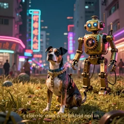 “a clockwork dog in a field next to a steampunk robot in a neon hong kong street”