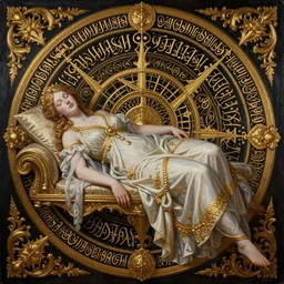 hyper realistic painting portrait of the goddess of sleep, occult diagram, elaborate details, rococo, baroque, gothic, intrincate ornaments, gold decoration, caligraphy, occult art, illuminated manuscript, oil painting, art noveau, in the style of roberto ferri, gustav moreau, waterhouse