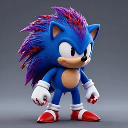anthropomorphic blue bipedal hedgehog with purple eyes and white bloody gloves and red shoes and purple edge quills in red static cursed trending artstation horror 4 k hd detailed