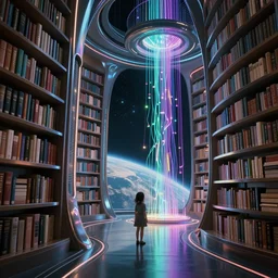 dreamt in 3 7. 5 0 s for @ choog's! dream a futuristic library on a distant planet, sleek, polished metal, fibre optic cables with neon colours, science fiction, dramatic, tiny girl looking on, epic composition, epic lighting, trending on artstation, octane render, 8 k, hd, directed by stanley kubrick