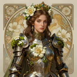 hyperdetailed portrait of beautiful queen's moss flowers armored girl. highly detailed portrait, digital painting, sharp foccus ilustration, artstation hq. intricate, elegant. wlop, greg rutkowski, alphonse mucha, medium shot. dan mumford
