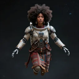 beautiful afrofuturistic himba woman wearing otjize and a spacesuit, robotic arms, weightless in space, hyperrealistic, scifi, concept art, digital art, portrait, dark, muted colors
