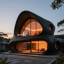 photo of the generative design exterior of a futuristic organic japanese house, dramatic lighting, black and orange colour palette, archviz