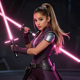 A hyper realistic photo of Ariana Grande in the Star Wars universe with two pink lightsabers held in each hand, action pose. Maximum detail on artstation, photo realism, vivd details, vivd colour