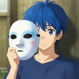 boy with blue hair holding an ice mask, by makoto shinkai, greg rutkowski, artstation, high detailed, cgsociety,