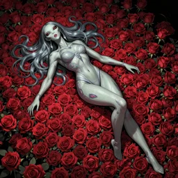 comic book illustration, an alien princess lying on a bed of roses, cyberpunk concept art by josan gonzales and wlop, highly detailed, intricate, sci-fi, sharp focus, Trending on Artstation HQ, deviantart