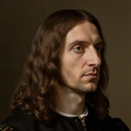 portrait of a man with long brown hair, looking to the right, 1 7 th century, high hair detail
