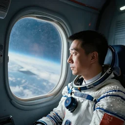 a man looking out the window of a spaceship
