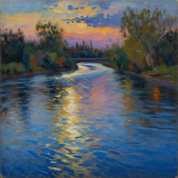 renaissance river with ripples, dusk, split complementary palette, oil painting, by greg rutkowski