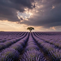 beautiful lavender field, clean lines leading away from viewer to tree on horizon,! single tree! on horizon in center, desaturated colors, ultra wide angle, sunset, dramatic sky, by charlie waite