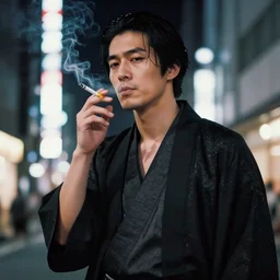 photography portrait of yakuza smoking a cigarette in tokyo at night in the style of daido moriyama, smoke, 8 0 mm lens, grainy wb image, close up view