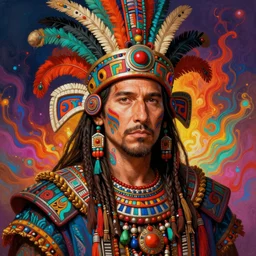 portrait of keanu reeves, hyper detailed ultra sharp aztec shaman warrior. trending on artstation, warpaint aesthetic, bloodwave, colorful, psychedelic, ornate, intricate, digital painting, concept art, smooth, sharp focus, illustration, art by artgerm and greg rutkowski and h. r. giger, 8 k