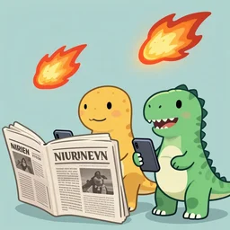 a newspaper cartoon with dinosaur characters looking into their phones as a flaming comet lights up the sky