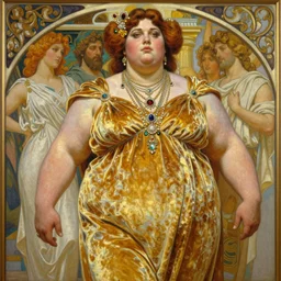 highly detailed oil painting of thick weightlifter zarya, glowing skin, gold ombre velvet gown, greek scene, beautiful face by leyendecker, dozens of jeweled necklaces, by greg rutkowski, brom, anato finnstark, alphonse mucha, cinematic lighting,