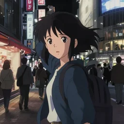 anime visual, dark portrait of a young female traveler in shibuya at night shopping, very low light, beautiful face by makoto shinkai, ilya kuvshinov, yoh yoshinari, dynamic pose, dynamic perspective, cel shaded, flat shading mucha, rounded eyes, moody, detailed facial features