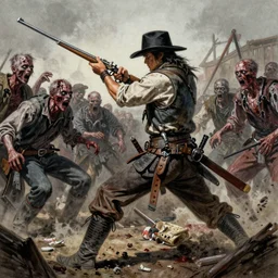 artistic drawing of a samurai gunslinger fighting a horde of zombies, gruesome, bloody, highly detailed, western, hyper realistic