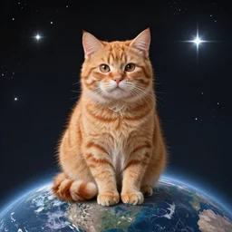 A fuzzy orange cat sitting on planet earth, space with stars in the background, trending on artstation