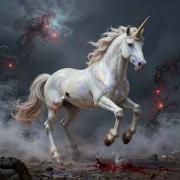 a iridescent unicorn is injured, footsteps of blood leading up to it, toxic glowing smog in the sky, ultra realistic, concept art, intricate details, highly detailed, photorealistic, octane render, 8 k, art by art by artgerm and greg rutkowski and alphonse mucha