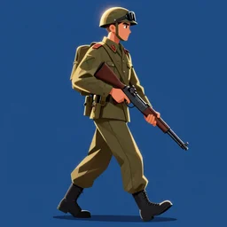 A sprite sheet for an animation of a soldier walking with a gun, blue background,  digitql art