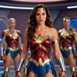 Gal Gadot as Wonder Woman visiting Avengers headquarters, cinematic lighting, extremly high detail, photorealistic, 8k hdr pixiv dslr photo