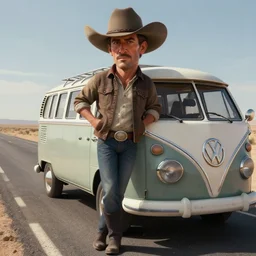 a man wearing a cowboy hat leaning on a volkswagen camper on a paved desert highway, digital painting, masterpiece, digital art, octane render, unreal engine 5, trending on deviantart, highly detailed, high quality, 4 k, realistic and detailed face, cinematic, high coherence, soft lighting, path traced, elegant,