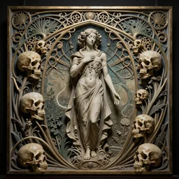 detailed realistic memento mori by nicholas kalmakoff, gothic ornament, skulls, bones, art nouveau, neogothic, ornate art nouveau botanicals, horizontal symmetry