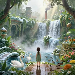 young girl, botanical garden, ornate, beautiful, atmosphere, vibe, mist, smoke, chimney, rain, well, wet, pristine, puddles, waterfall, melting, dripping, snow, swans, ducks, creek, lush, ice, bridge, cart, forest, flowers, concept art illustration, color page, 4 k, tone mapping, volumetric lighting, sunbeams, particles, trending on artstation
