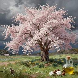 detailed painting of a blossoming sakura tree, japanese, art, porcelain, blooming, tree, grass, cotton, oliven oil, hasselnut, render, octane, wista, digital, artstation, cgsociety