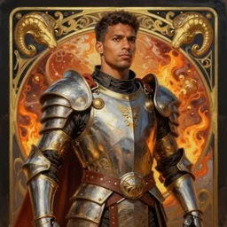 fit armored warrior, brazilian man light brown skin, mars planet imagery, digital oil paining by artgerm, greg rutkowski, mucha, portrait | art nouveau ram logo. d & d. ornate intricate detail, complimentary fire colors. sharp edges. clear detailed. 8 k. elegance